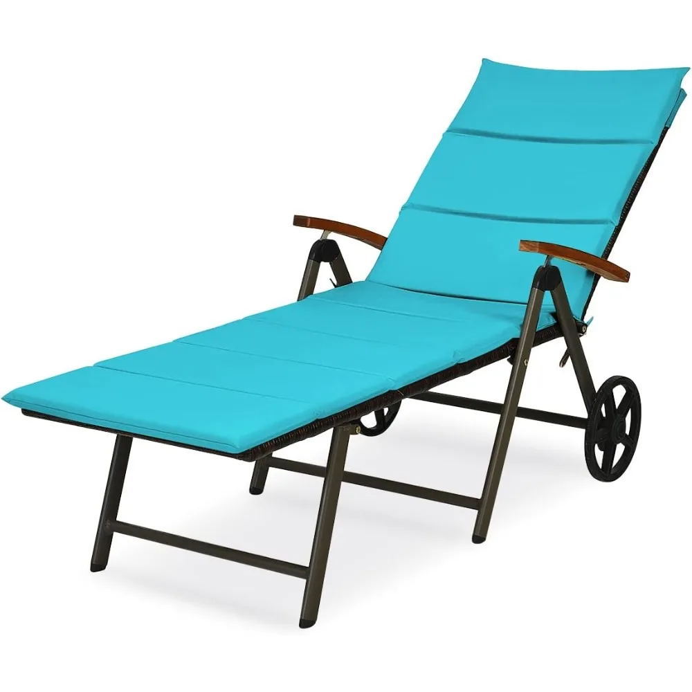 

Patio Chaise Lounge with Adjustable Backrest & Soft Cushions Folding Recliner Wicker Lounger Chair with Wheels