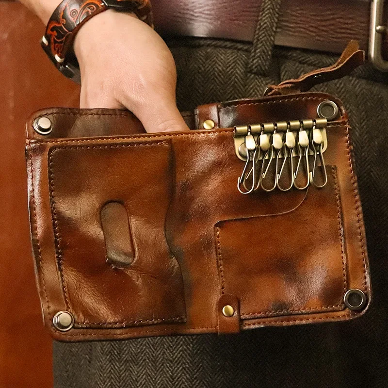Genuine Leather Men's Key Card Bag High-quality Multi-function Key Wallet Card Holder Men Short Wallet with Zipper Coin Pocket