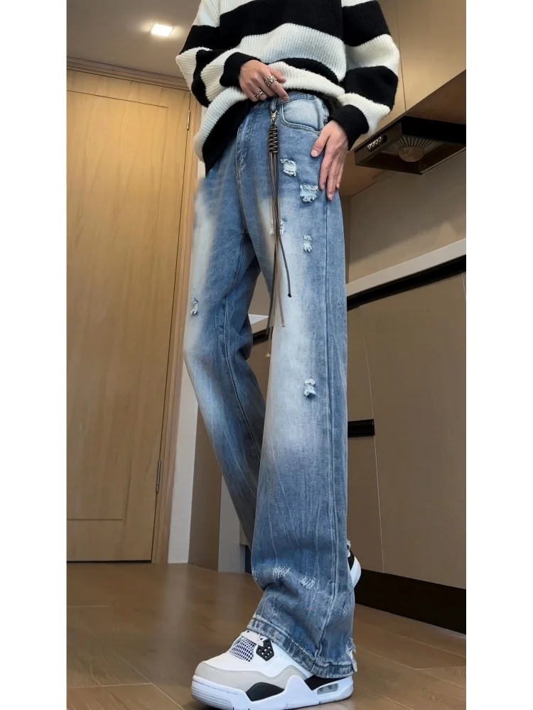 

Men's Ripped Jeans 2024 New Sle Autumn American High Street Narrow Version Slimming Long Pants Micro Flared Straight Leg Jeans