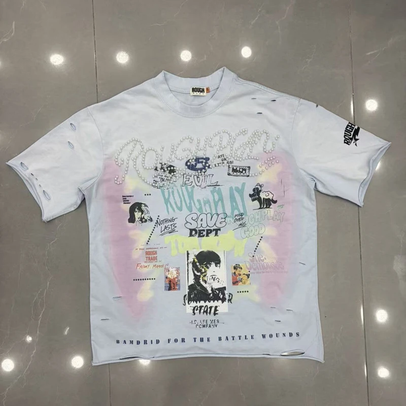 American Quality Trend Roughplay T-shirt Character Print Pearl Decoration Holes Washed Water Light Colored Short Sleeved Top