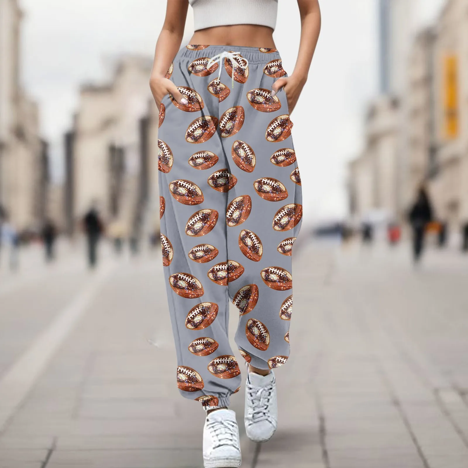 

Women's Rugby Print Loose Pocket Ankle Strap High Waisted Sweatpants Casual Travel Pants for Women with Pockets Medium Solid