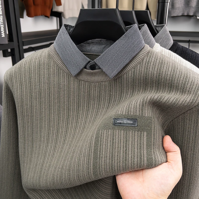 Men’s Knit Sweater Fake Two Piece Layered Design Long Sleeve Round Neck Pocket Detail Soft Fabric Casual Business Autumn Men’s