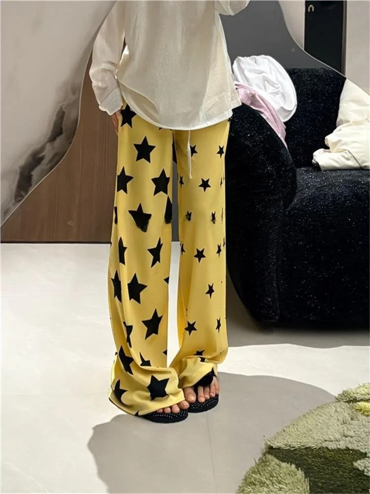 Yellow Dopaamine Star Leisure Pants Women's Summer Thin Asymmetrical Double Combination Lazy Wide Leg Pants