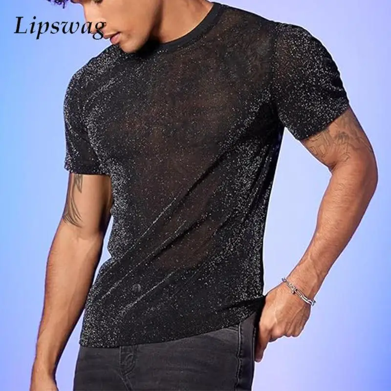 Fashion Sequin See Through T Shirts Mens 2025 Summer Short Sleeve O Neck Casual Tops Men Vintage Shinny Solid Color Slim T-shirt