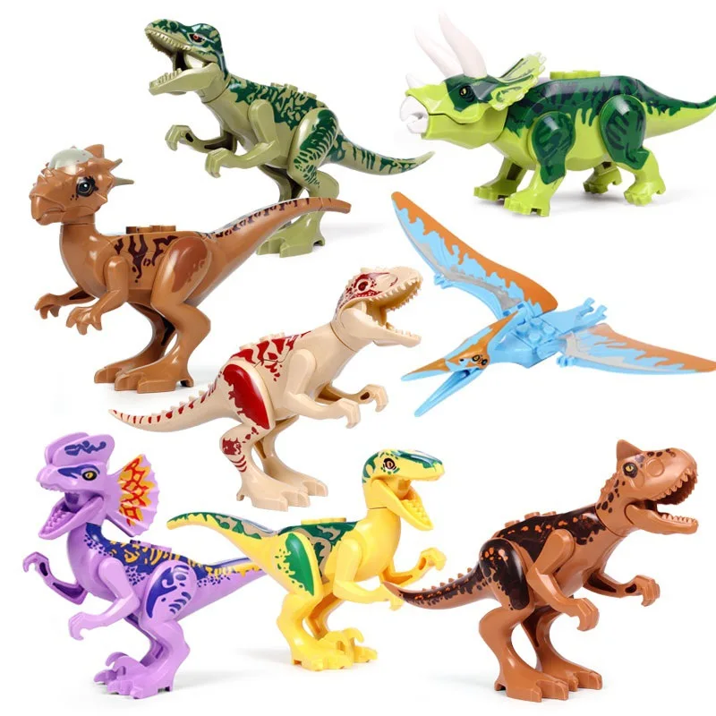 8Pcs Locking Jurassic Dinosaurs Set  Tyrannosaurus Rex Spinosaurus Velociraptor Stegosaurus Building Block For Children