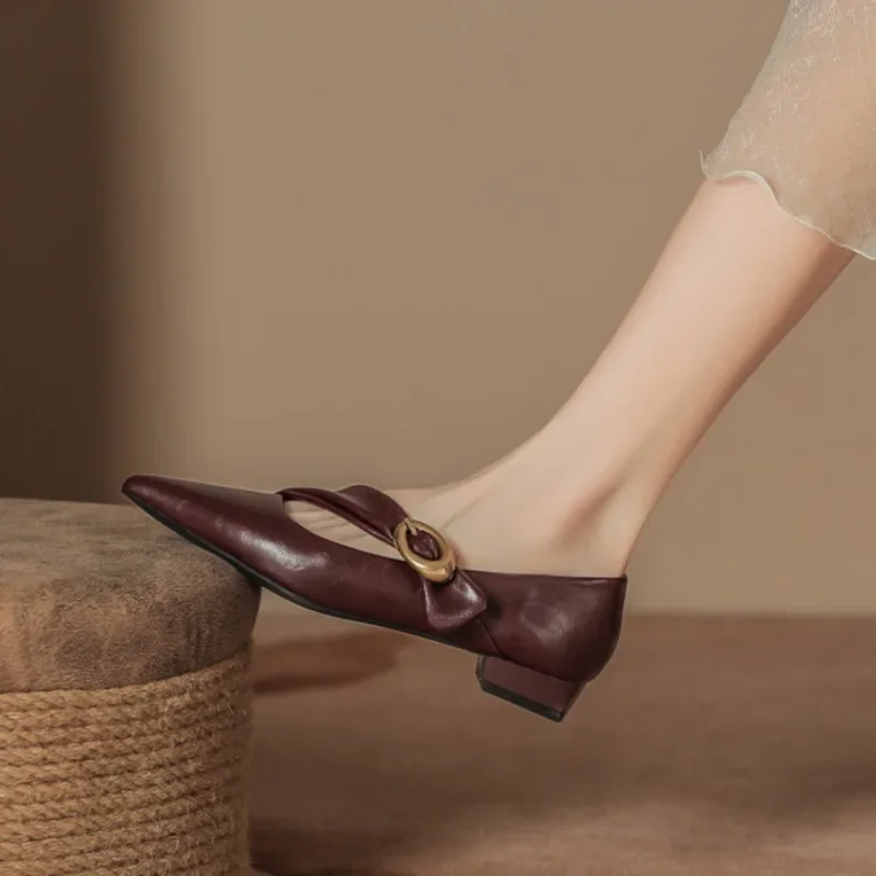 ファッションパーティードレスローヒールパンプスポインテッドトゥメリージェーンズレディースシューズ春秋女性ハイヒールバックルストラップ浅めシューズ