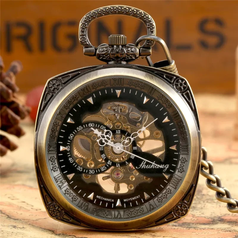 Bronze Square Case Men Women Handwinding Mechanical Pocket Watch with Pendant Chain Skeleton Clock for Unisex Relgio De Bolso