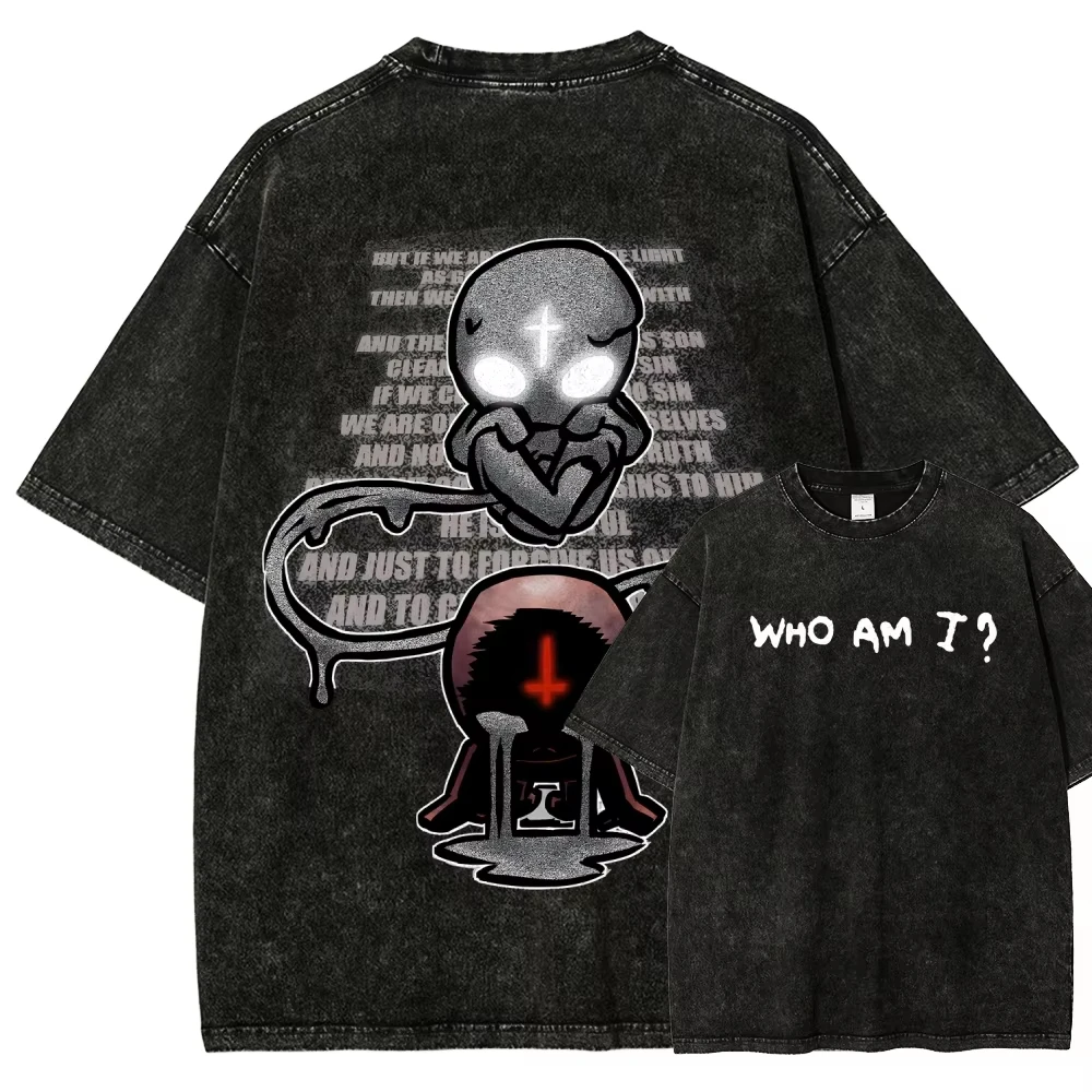 The Binding of Isaac Game Double Print T-shirt Unisex Vintage Washed Short Sleeve Tee Gothic Casual Oversized Streetwear Tops