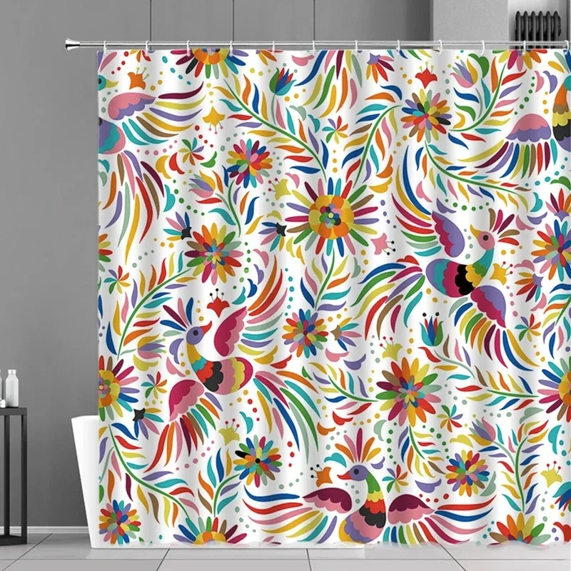 VIKAMA Mexican Otomi Style Shower Curtain Colorful Folk Floral Bird Insect Print Waterproof Fabric Bathroom Curtain