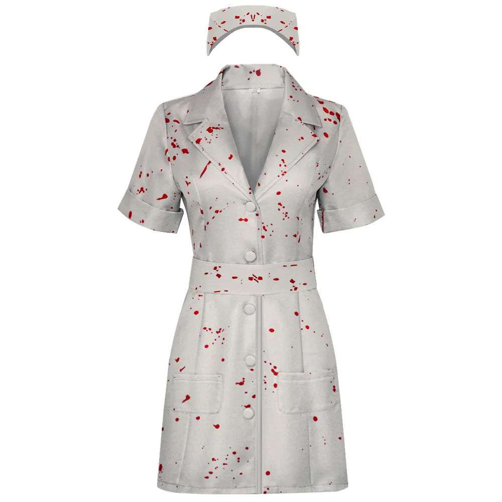 Silent Hill Nurse Cosplay Costume Bloodstained Nurse Uniform With Hat And Belt Scary  Costume For Women