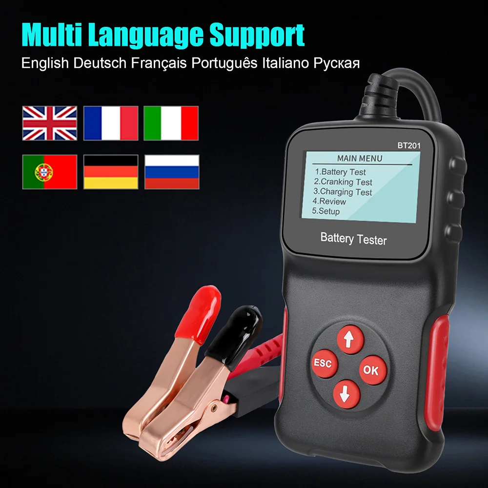 

Car Battery Tester 100-2000 CCA Cranking Charging Circut Test Multi-Function Support 6 Languages BT201 12V