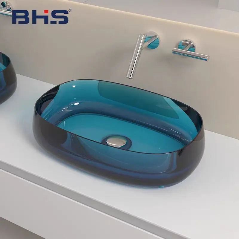 

Luxury Clear Resin Vessel Sink 550*350mm Countertop Basin Modern Colorful Above-Counter Basin Designer color with bathroom Tap