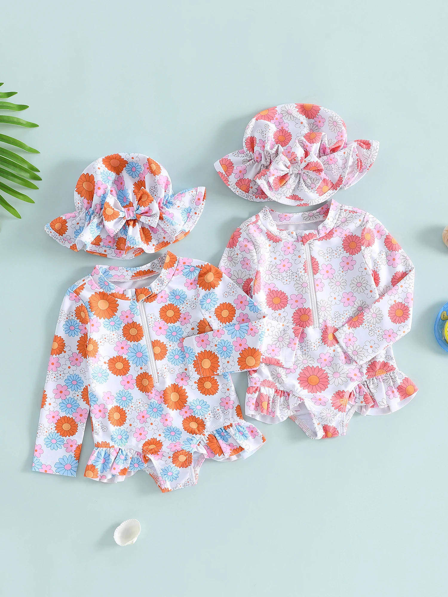 

Cute Toddler Girl Swimsuit Lovely Floral Print Long Sleeve Round Neck Rash Guard Swimwear with Sun Hat for Baby