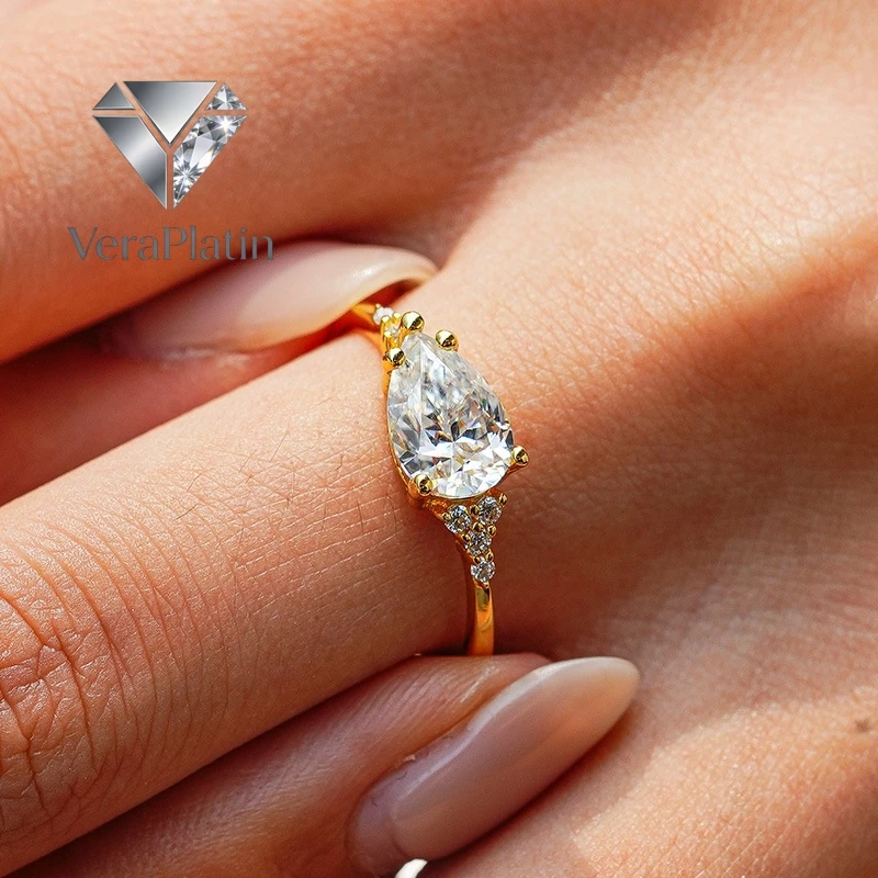 

ВераПлатин Женские обручальные кольца из 18-каратного золота с грушевидным муассанитом 1,5 карата, бриллиантом, подарок жене на День святого Валентина, дочери на день рождения