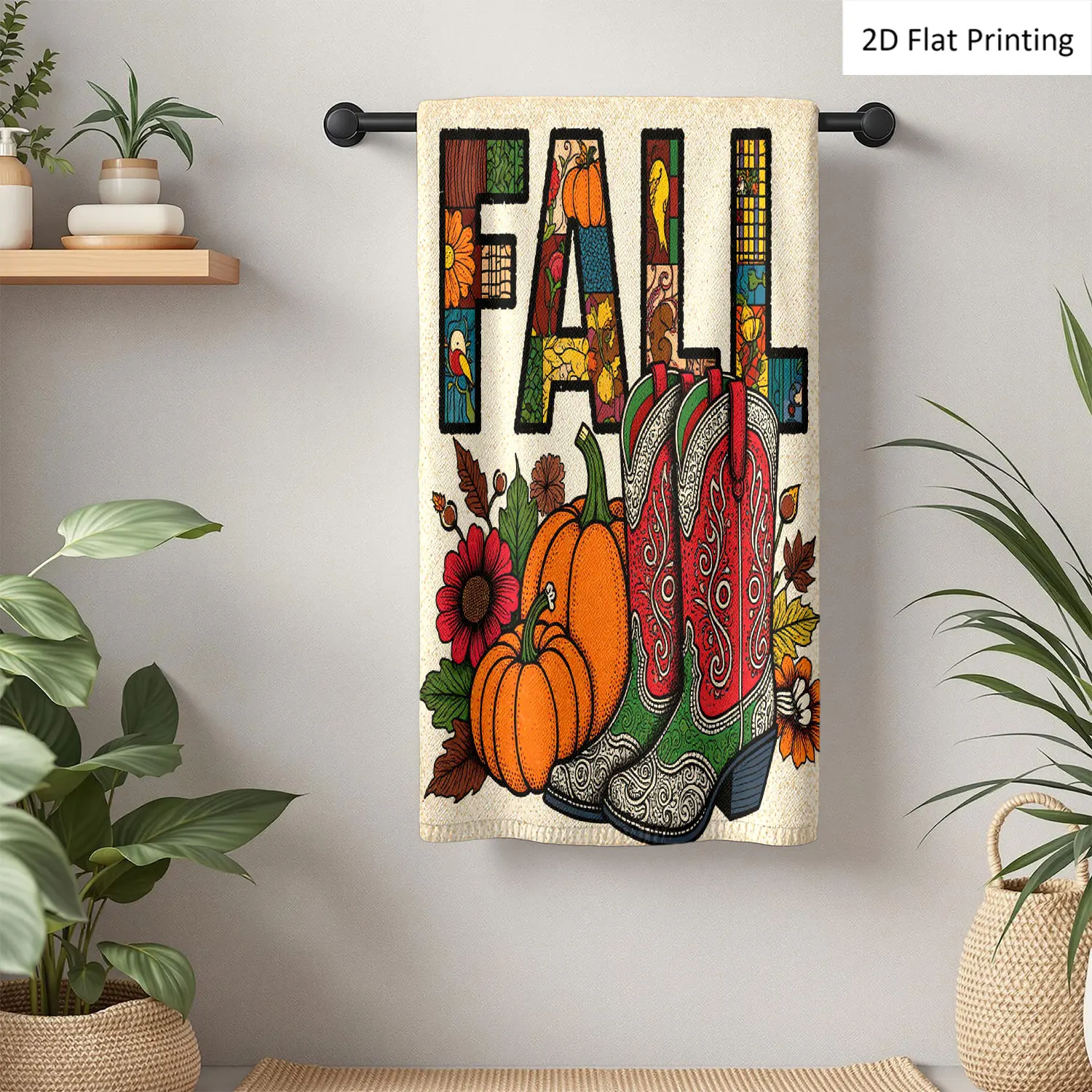 

1Pc Fall Cowboy Boots Pumpkins Flowers Western Style Bathroom Hand Towel Bath Towel, Multiple Size Microfiber Polyester Towel, Unique Home Decorative Kitchen Towels, Festival Bathroom Accessories Decor, Quick Dry and Absorbent