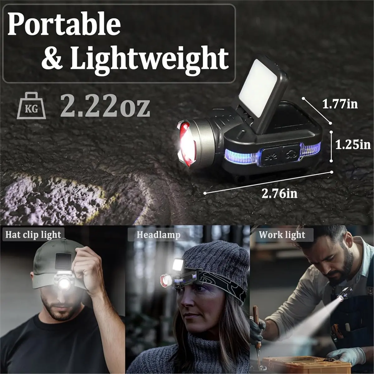 DT35BG Hard Hat Clip Lights, 800lm Rechargeable Clip on Cap Lights, 180° Adjustable Waterproof Bright Headlamp Flashlight