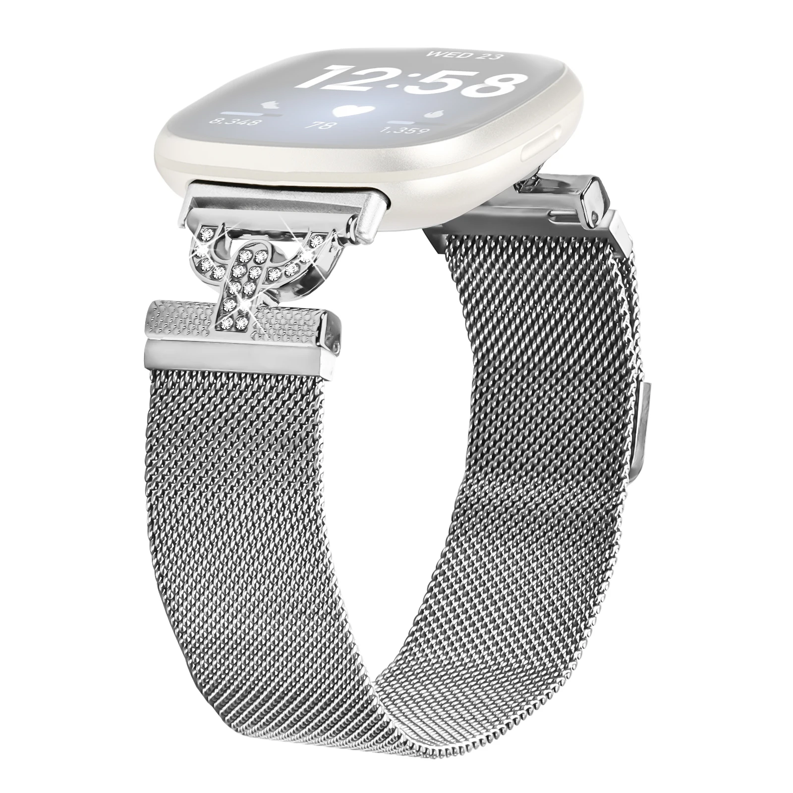 

For Fitbit Versa 3 / Sense Watch Band Silver Milanese Stainless Steel Strap D-Shape Rhinestones Decor