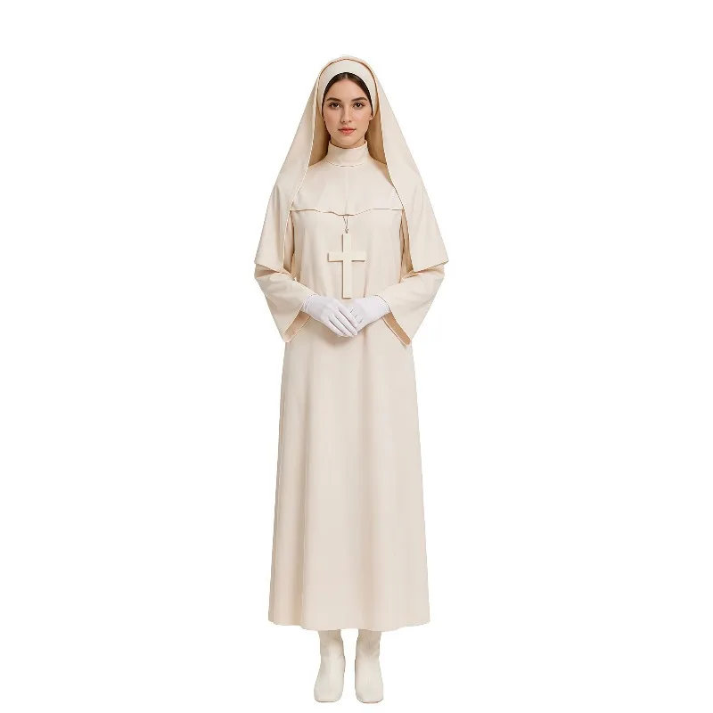 

Women Nun Cosplay Costume Beige Habit Full Set with Headwear & Cross for Halloween Carnival Party & Stage Performance