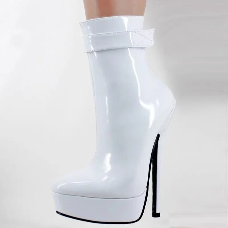 

White Mid Calf Patent Leather Boots Thin High Heel Platform Fashionable Sexy Cool Western Winter Woman Shoes Zapatillas Mujer