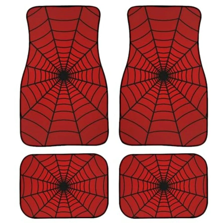 

Spider Web Car Floor Mats Set of 4 Abstract Black Spiderwebs on Red Background Universal Vehicle Front Rear Rugs Grunge Cobweb