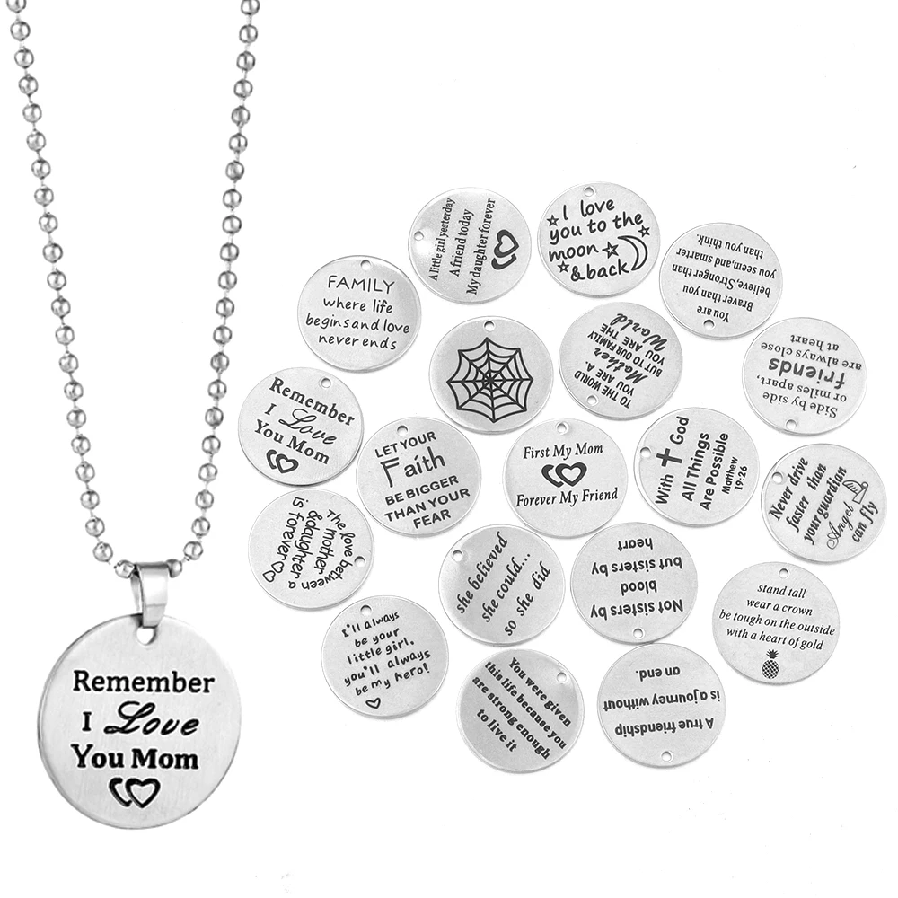 5pcs Stainless Steel Engraving Pendant Kinship Friendship Love Sentence Round Charms Gifts For Jewelry Making DIY Necklace