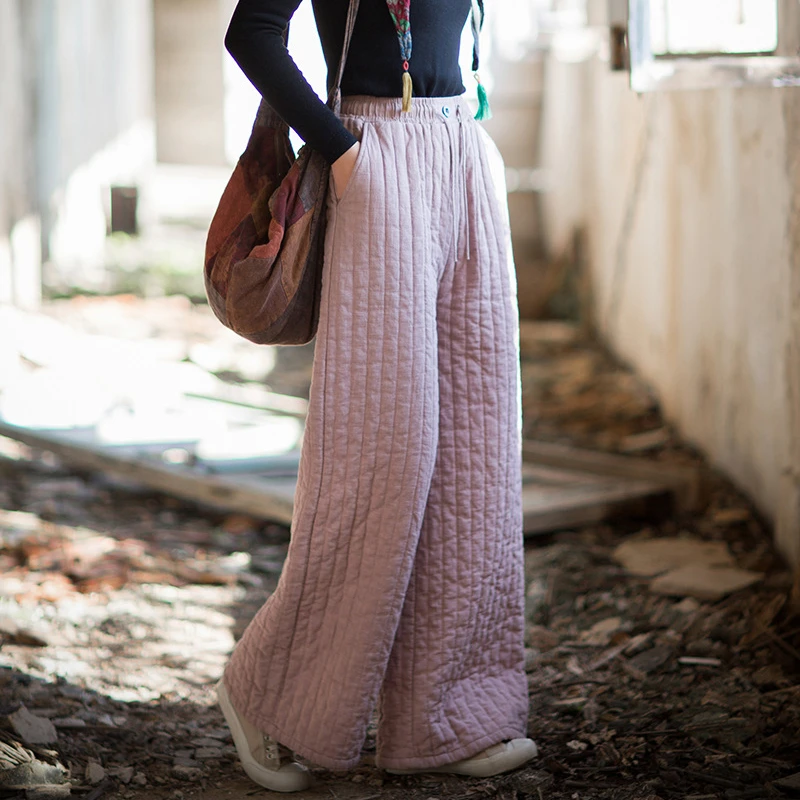 Épais chaud coton lin pantalons décontractés femmes nouveauté 2025 hiver Style Vintage couleur unie ample femme jambe large pantalon M2079