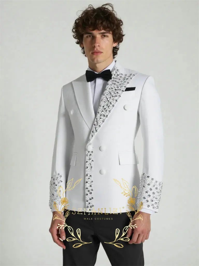 

White Blazer Suits for Men Slim Fit Double Breasted Peak Lapel Beaded Crystal Prom Party 2 Piece Jacket Pant Wedding Tuxedo Sets
