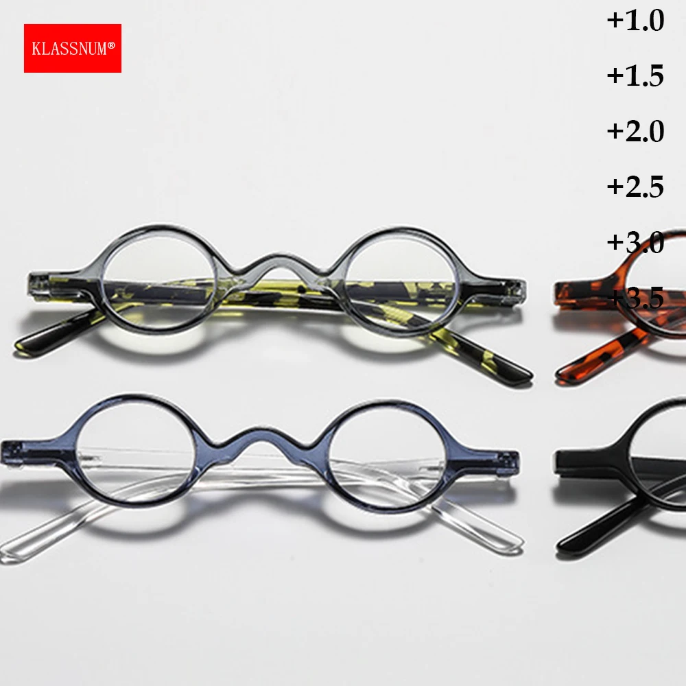 KLASSNUM Men Women New Clear Magnifying Lens Mini Glasses Vintage Small Round Frame Presbyopic Glasses Plus+1.0+1.5+2.0+3.0+3.5