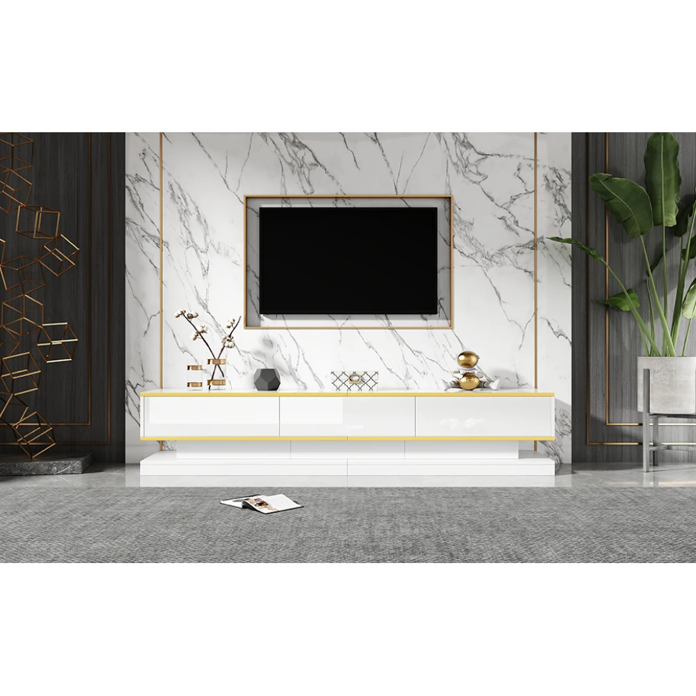 Moderner TV-Ständer mit 3 Schubladen, warmweißes Lowboard, goldener Rand, Wohnzimmer-Aufbewahrungsschrank – Detail 22