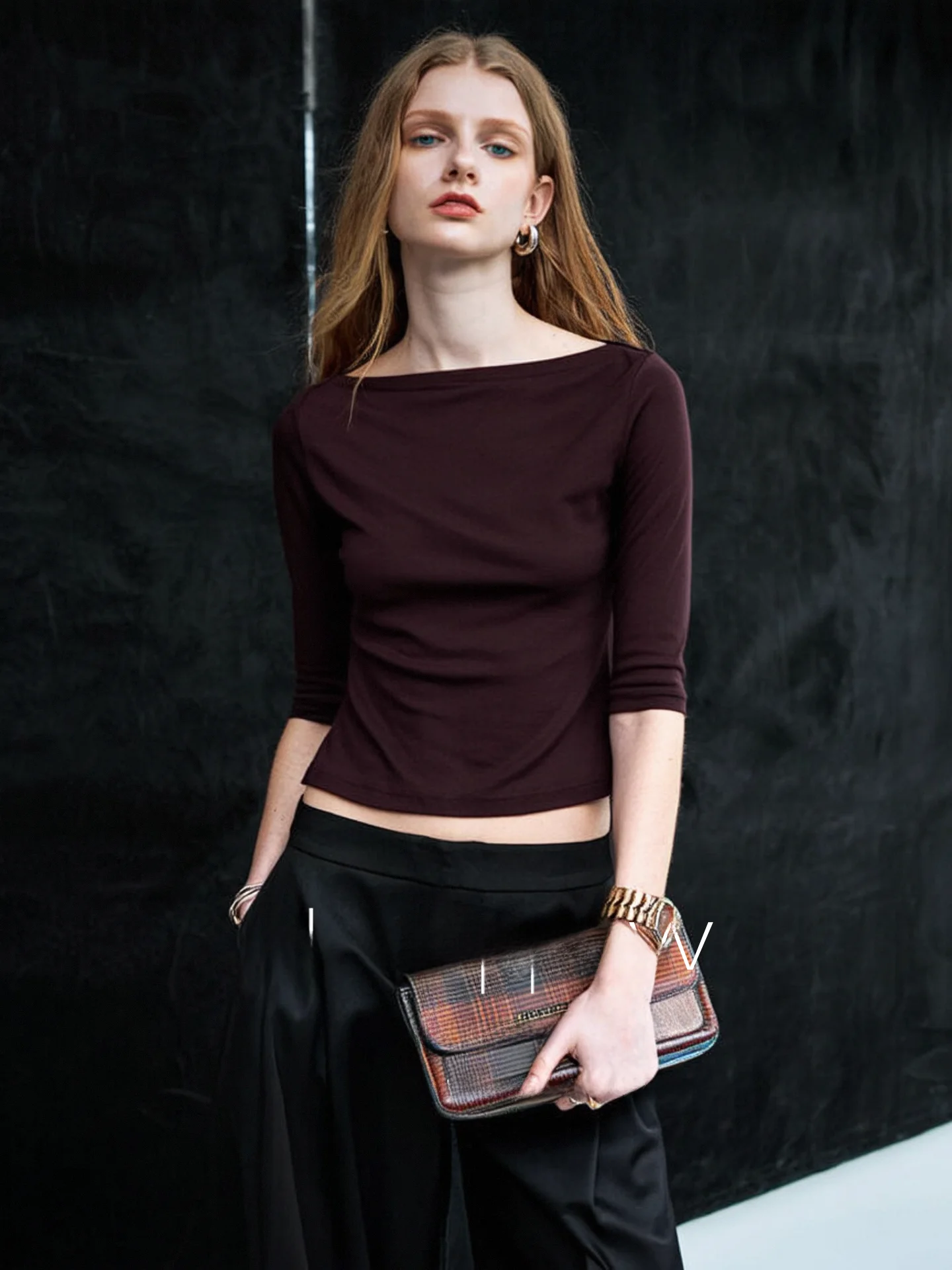 Huaappuw Retro Boat Neck Seven Sleeve Elastic T-Shirt Women's Simple Style Early Autumn New Arrival Sleeveless Splice Design