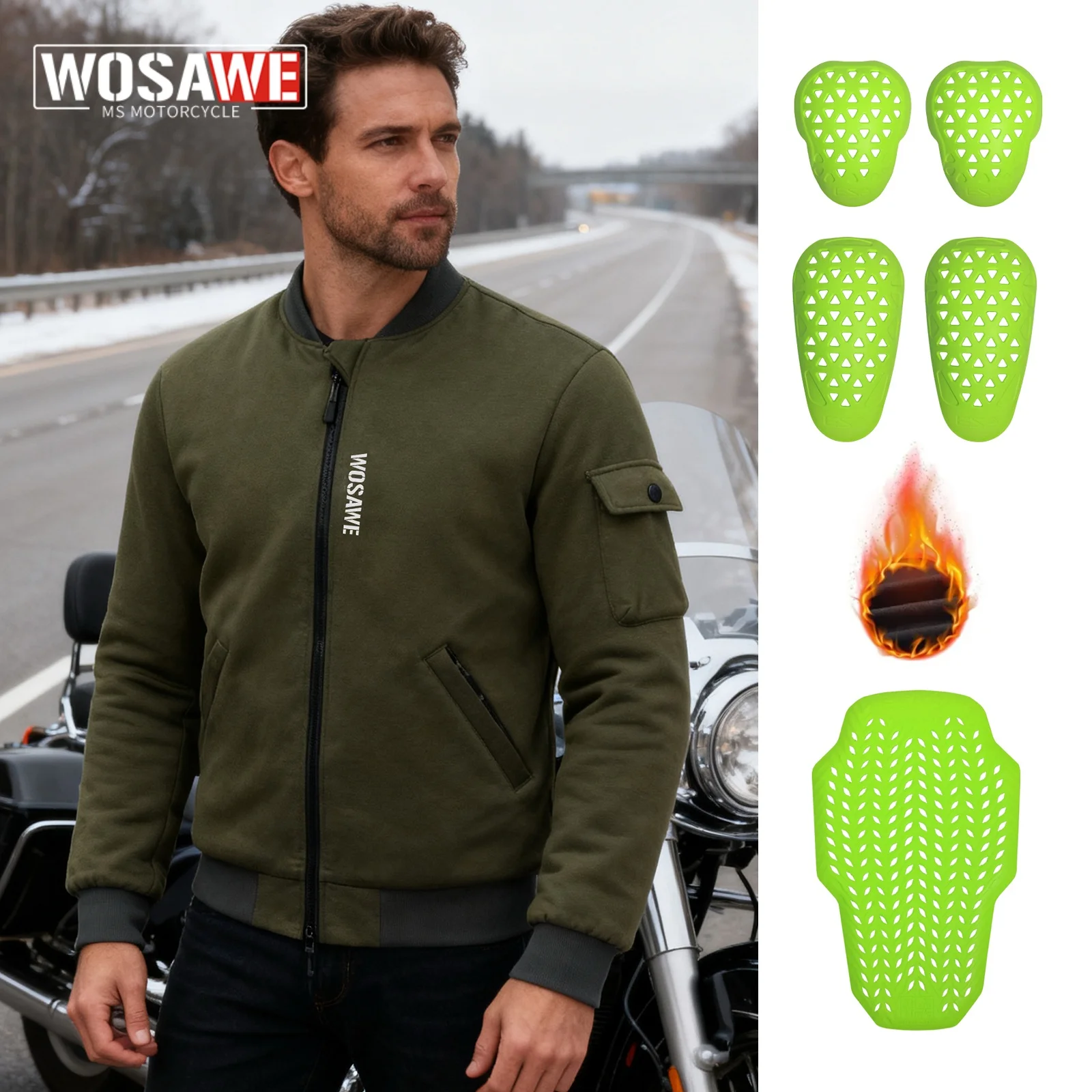 WOSAWE Winter Motorcycle Jacket Unisex Thermal Fleece Windproof Jackets Night Reflective Riding Coat Baseball Casual Outwear