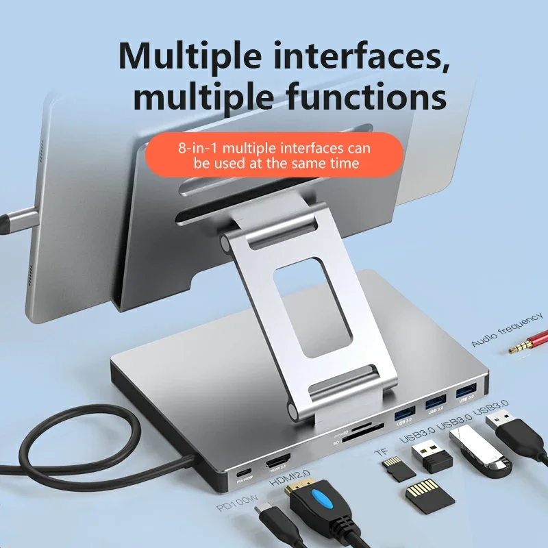 Type C Docking Station Aluminum Alloy 4K 60HZ HDMI-Com Multiple Ports Hub PD100W USB3.0 Gigabit Ethernet