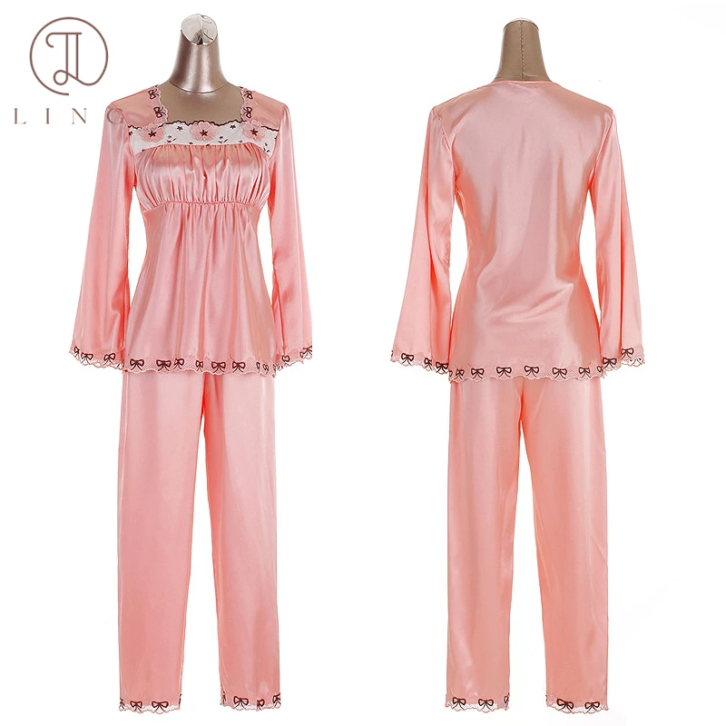 Ling Silk Pajamas for Women Sexy Imitation Silk Pajama Women 2PCS Sets Long Sleeve Female Sleepwear Loungewear Plus Size Vintage