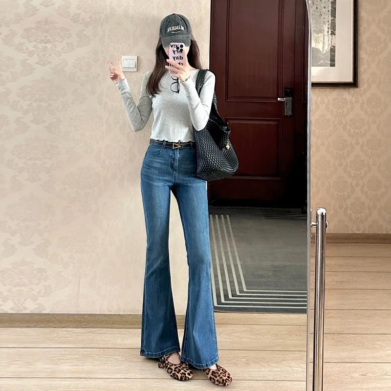 Jeans in denim Bot a campana foderati in Fce a vita alta retrò Pantaloni invernali da donna caldi e dimagranti drappeggiati fino al pavimento