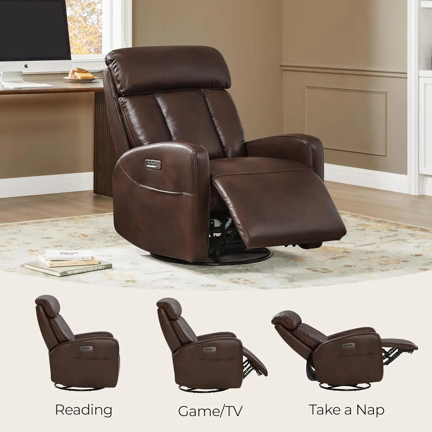 Customized Brown Triple Motor   Swivel Recliner with Adjus  Headrest Lumbar Support USB Type C for Living Room