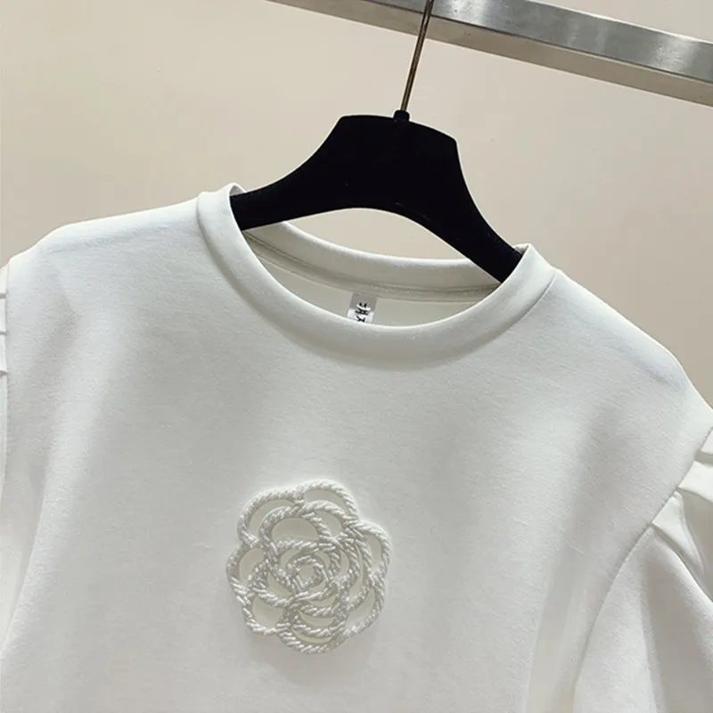 2024 New Summer European Clothes Cotton T-Shirt Fashion Sexy Flower Beading Women\'s Tops Short Sleeved All Match Tees Blusas