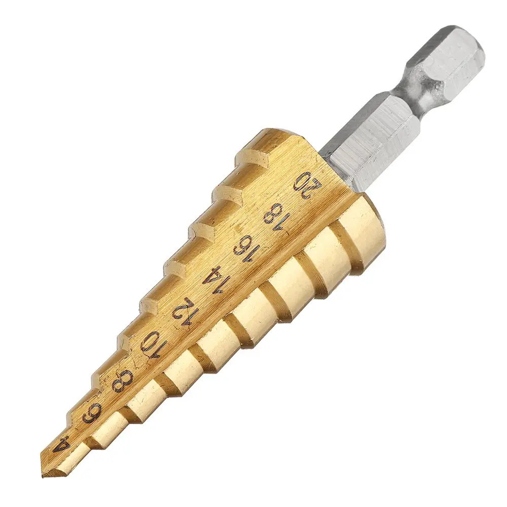 Drillpro-HSS Titanium Coated Step Drill Bit, Aço de alta velocidade, Metal, Cortador de madeira, Cone Drilling Tool, 3Pcs, 3-12, 4-12, 4-20mm, PCes 3