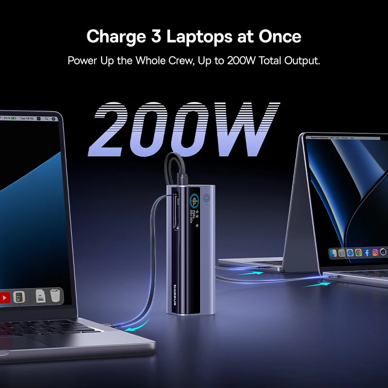 Baseus 200W 25000mAh Power Bank Dual Retractable USB-C Cables 4-Device Fast Charge Portable External Battery Charger For Laptop