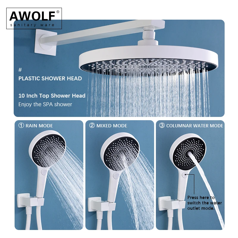 Imagem -04 - Awolf Banheiro Branco 40 °c Inteligente Sistema de Chuveiro Termostática Automático Latão Fixado na Parede Split Incorporado Chuveiro Mixer Conjunto Ah3060