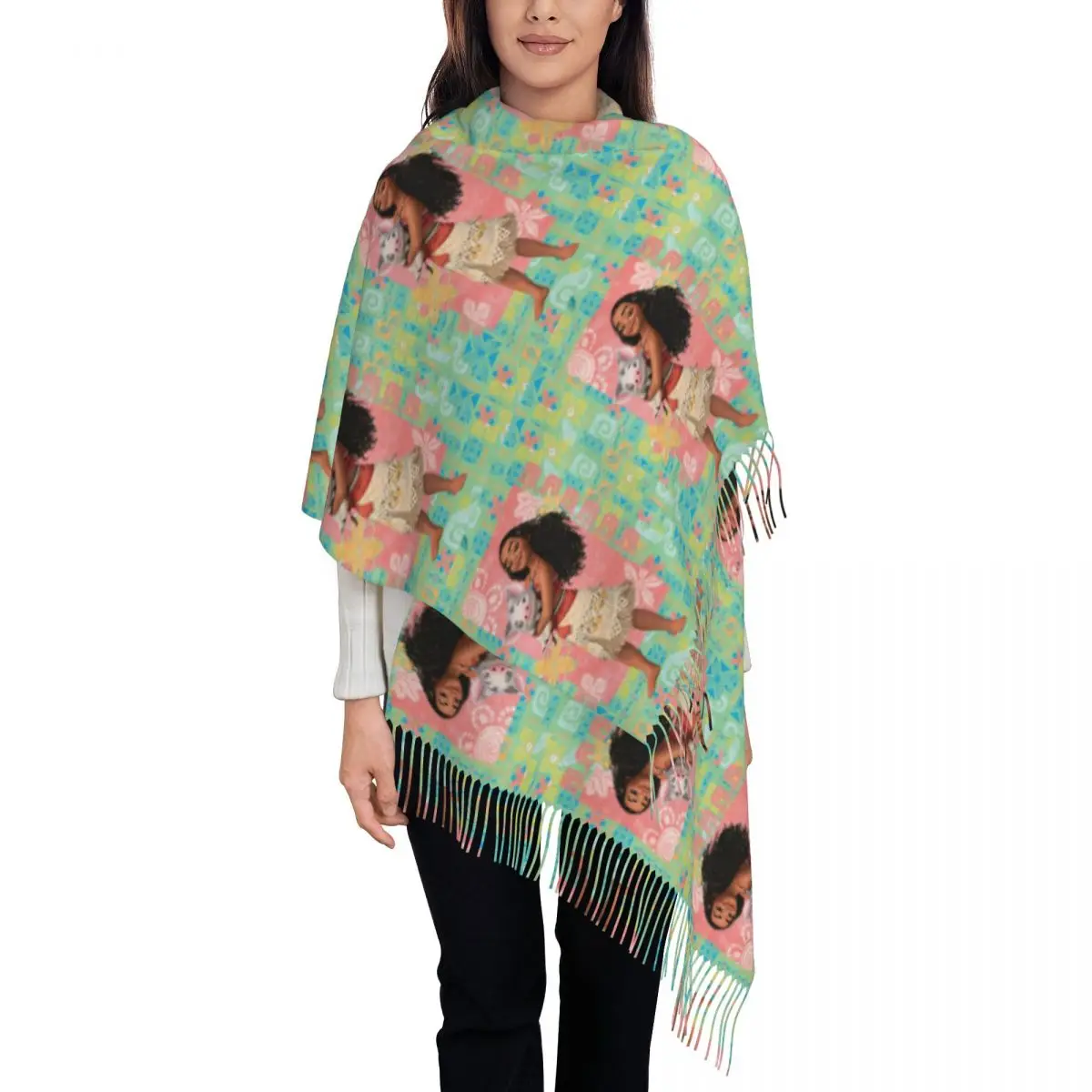 

Custom Moana Pacific Island Girl Tassel Scarf Women Soft Shawl Wrap Female Winter Scarves