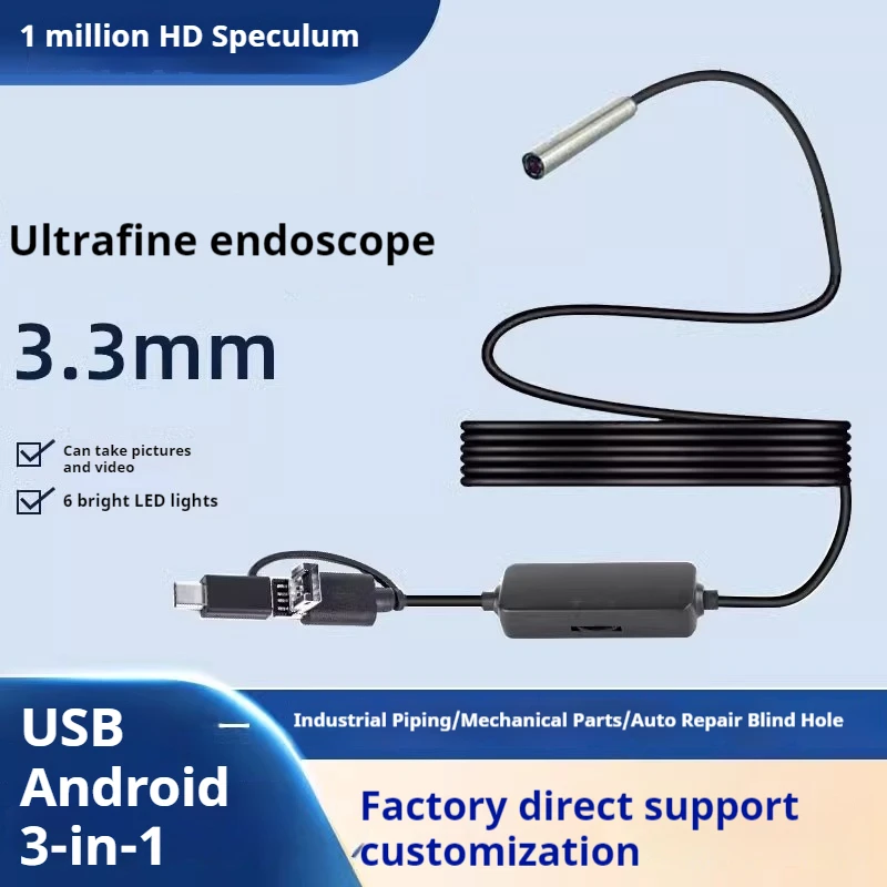 3.3mm Borescope with 1.5M Cable HD Camera Industrial Pipeline Mechanical Blind Hole Visual Probe Automotive Repair USB Android