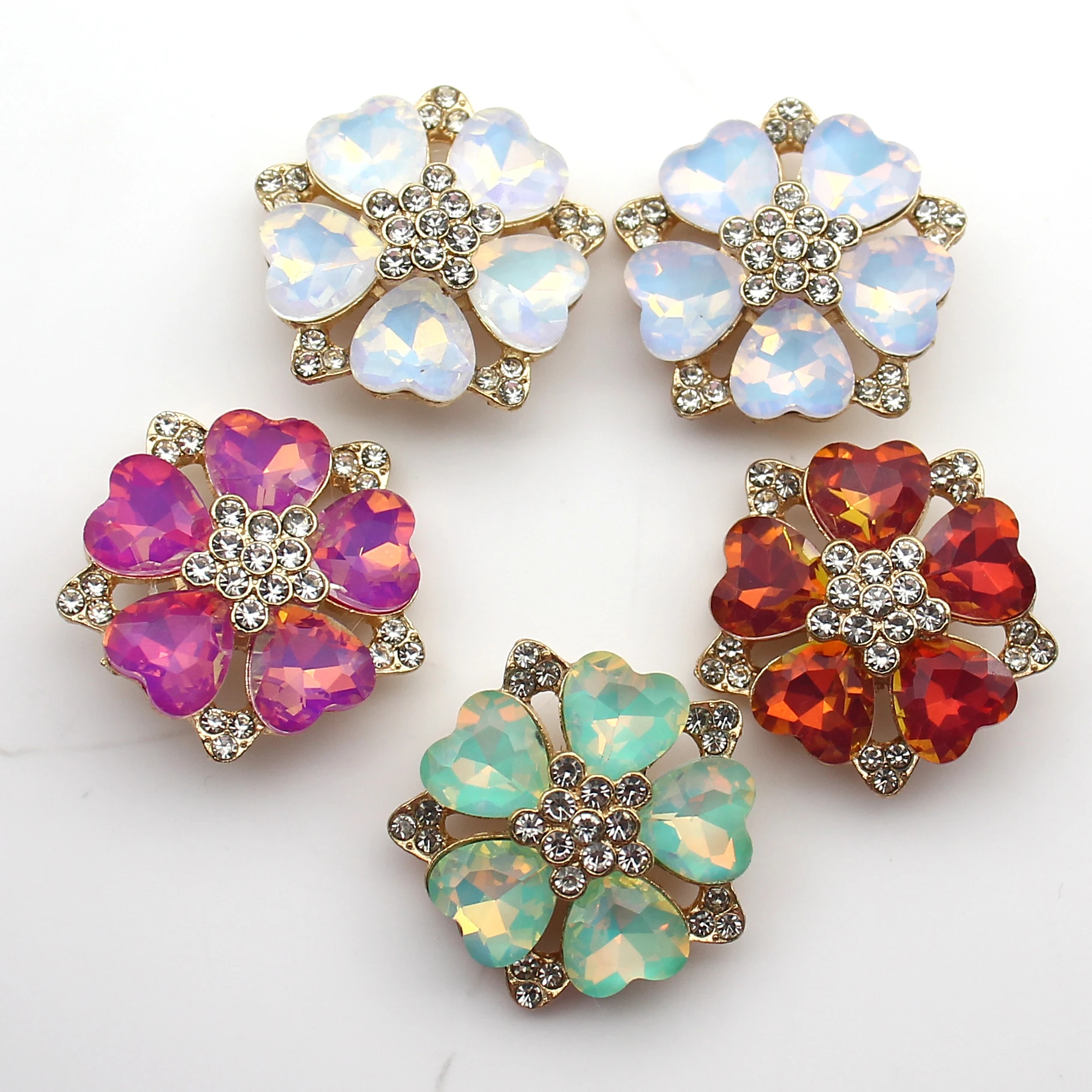  10Pcs 2.8cm Gold Base Mixed Multicolor Heart Flower Rhinestone Ornament Shoe & Hair Clip Decor