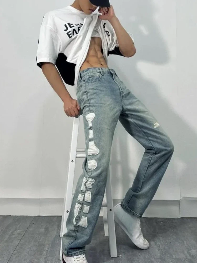 

Man Cowboy Pants Aesthetic Straight Trousers Graphic Men's Jeans Hip Hop Light Blue Winter Y2k Vintage Trend 2024 High Quality