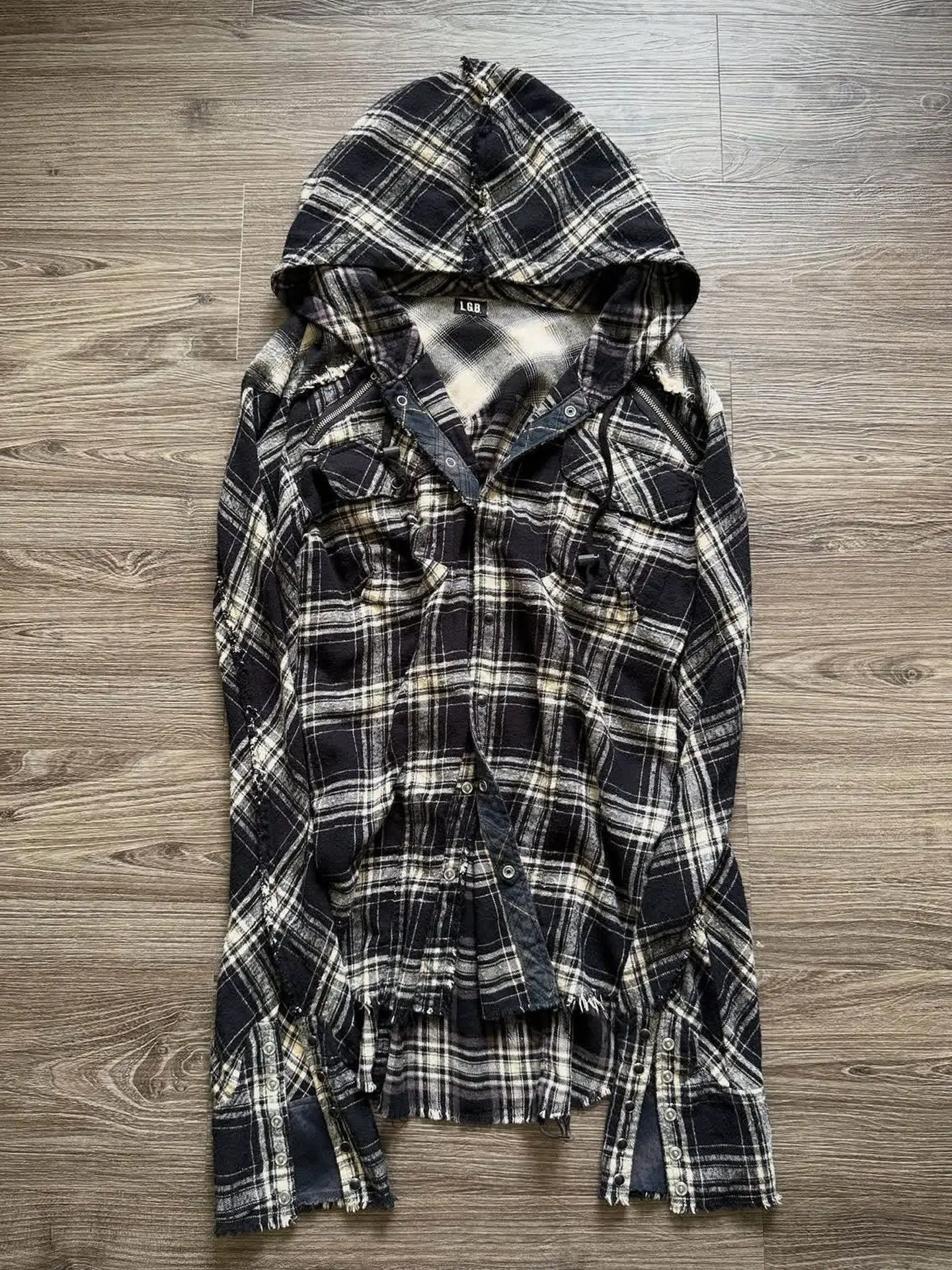 LGB Visual Plaid Damage Hooded Plaid Long Sleeve Shirt