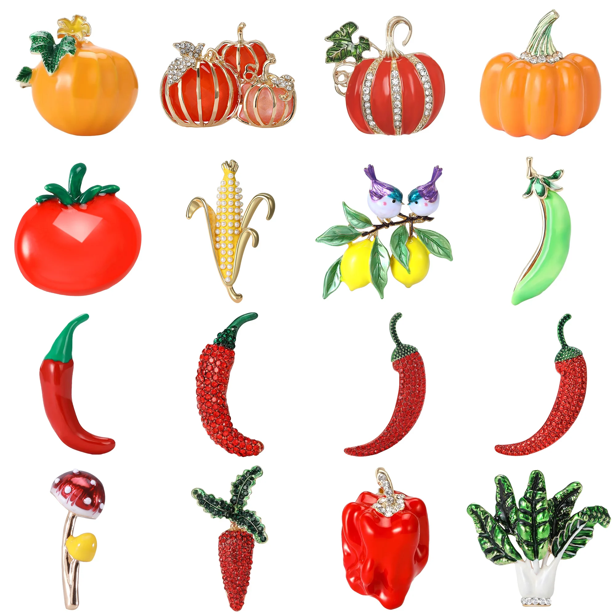 Luxury Rhinestone Pumpkin Pepper Carrot Brooches for Women Enamel Vegetable Plant Pins Office Party Friend New Gifts Accessories