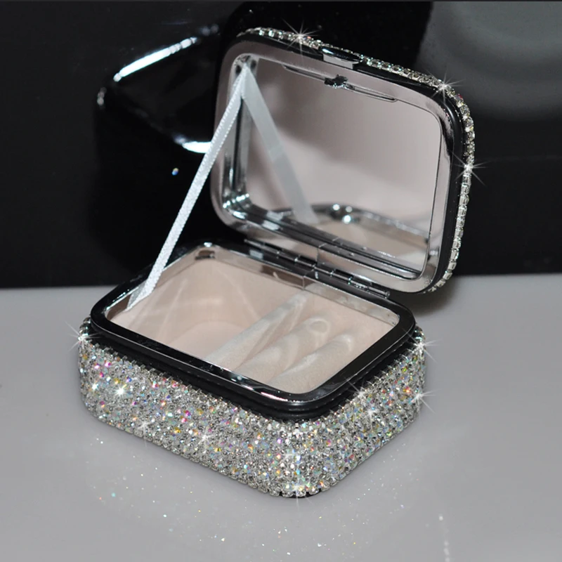 Crystal Diamond With Mirror Cosmetic Box Ring Necklace Pendant Jewelry Silver Jewelry Portable Storage Box Packaging Gift