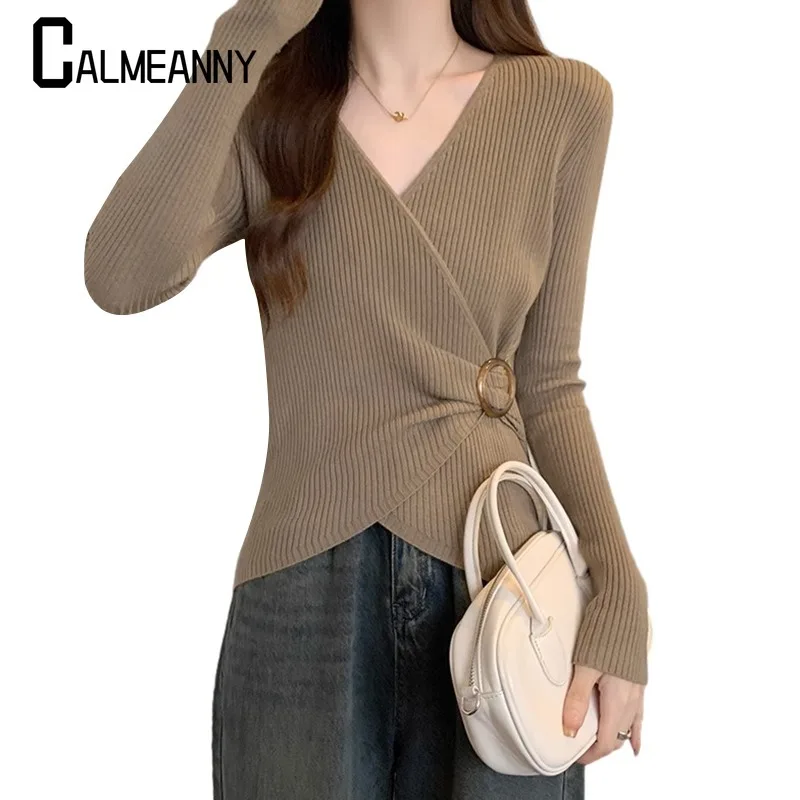 2024 outono inverno novo decote em v manga longa moda camisola feminina high street casual fino pullovers estilo coreano elegante topos