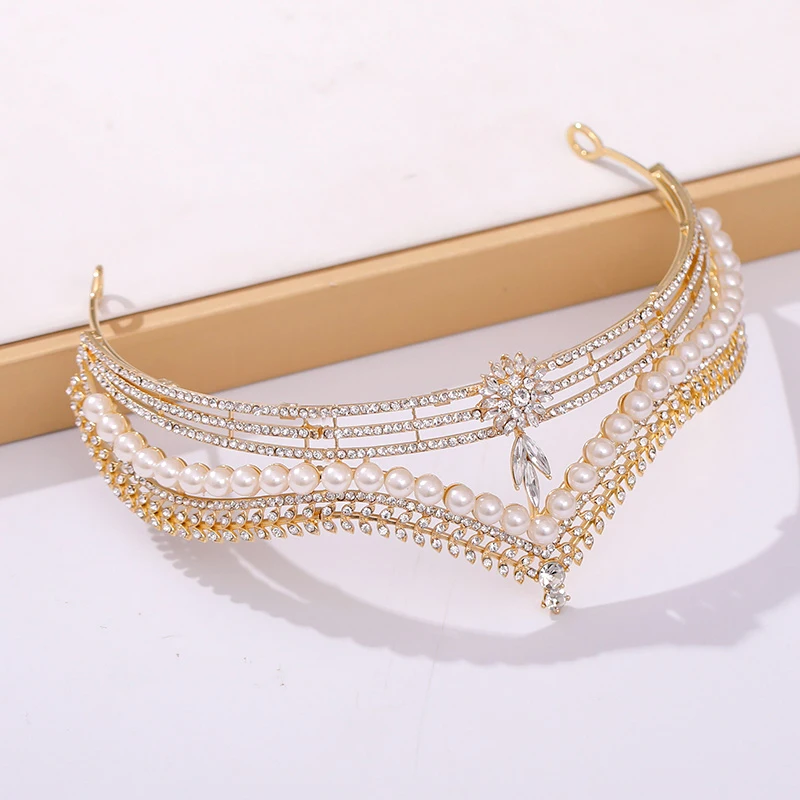 Baroque Luxury Golden Plated Crystal Pearls Bridal Tiaras Crown Rhinestone Pageant Diadem CZ Headbands Wedding Hair Accessories