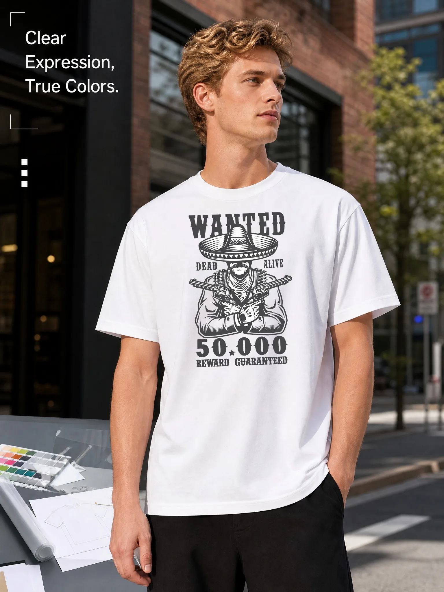 Aliexpress Men's White Loose-Fitting Round-Neck Short-Sleeve T-Shirt with Western Wanted Poster Print, Casual Street Style Top, Everyday Trendy Versatile Comfortable Breathable Wear - Aliexpress Deal