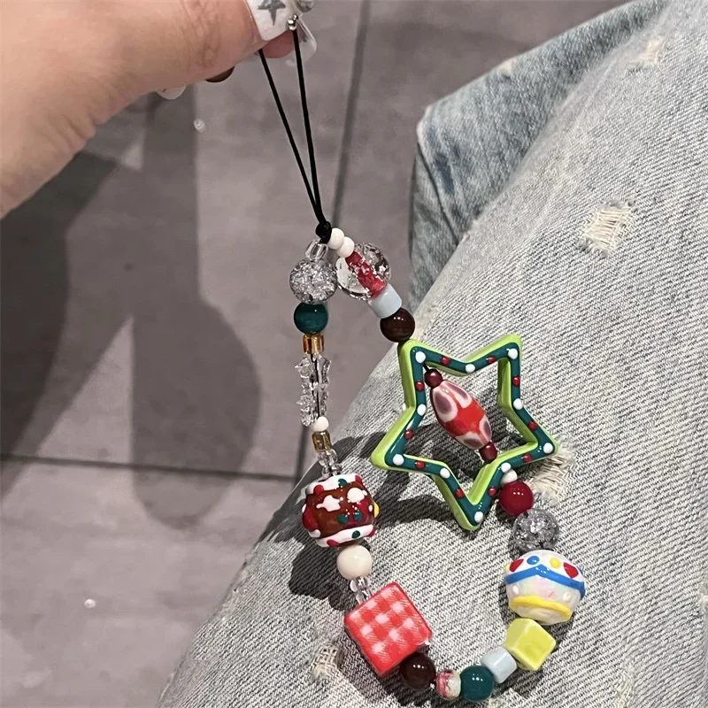 

3D подвеска в виде рождественской звезды, подвесной ремешок для телефона из бисера для IPhone, стильный ремешок-цепочка, женский подвесной ремешок для аксессуаров из веревки